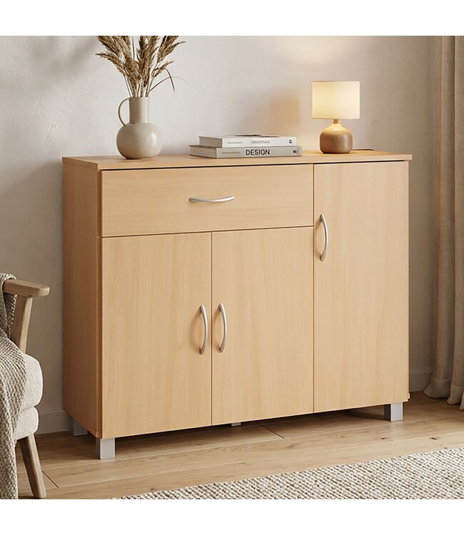 Wohnling sideboard JARRY beuk met 1 lade en 3 Doors 90 x 75 x 30 cm | Ontwerp commode | Pantry-vloer kast met handvatten