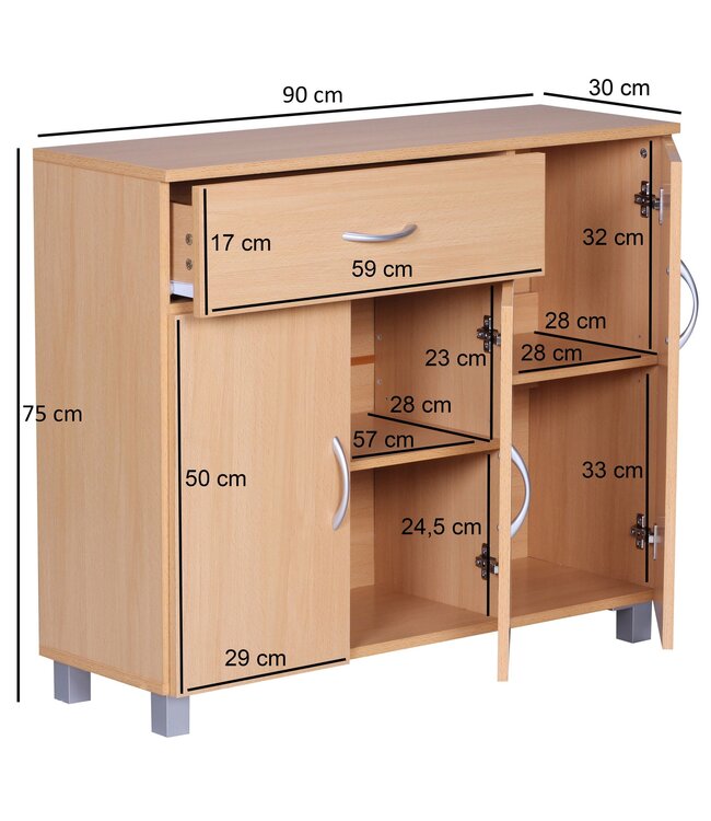 Wohnling sideboard JARRY beuk met 1 lade en 3 Doors 90 x 75 x 30 cm | Ontwerp commode | Pantry-vloer kast met handvatten