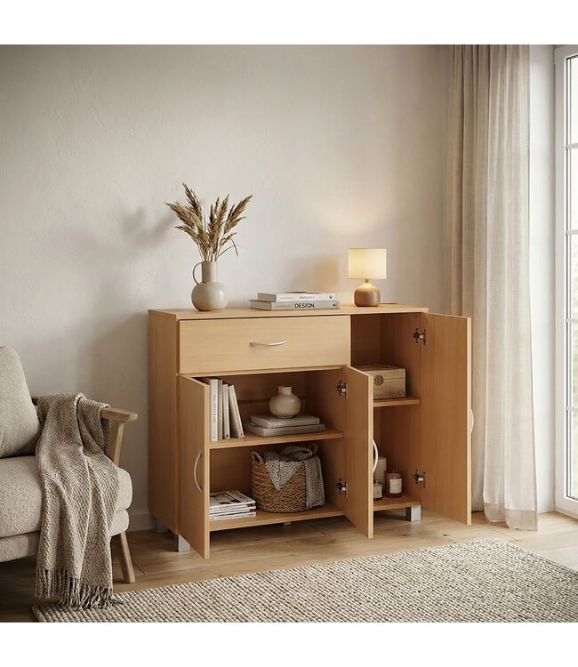 Wohnling sideboard JARRY beuk met 1 lade en 3 Doors 90 x 75 x 30 cm | Ontwerp commode | Pantry-vloer kast met handvatten