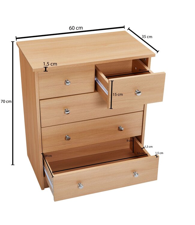 Wohnling Ontwerp houten dressoir CHCK 60 x 70 x 35 cm boek met 5 laden | Multi-purpose dressoir flat voor materialen | Hedendaagse dressoir tijdloze dresser