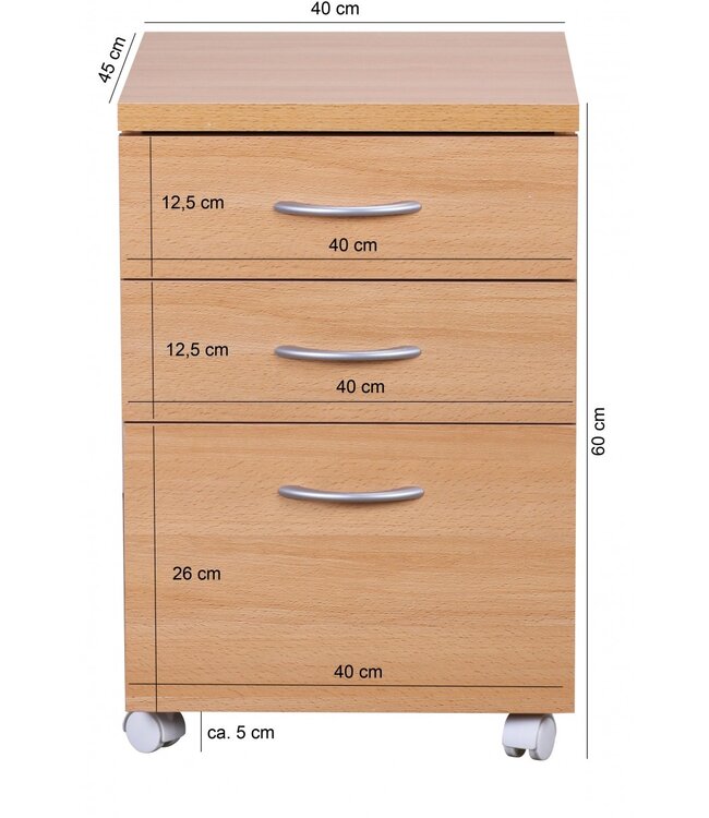 Wohnling container OTTAWA 40 x 60 x 45 cm onderkast met wielen beuken | trolley met lades | oprolkast kantoor | Cosmetica trolley Make Up trolley | Container onder bureau