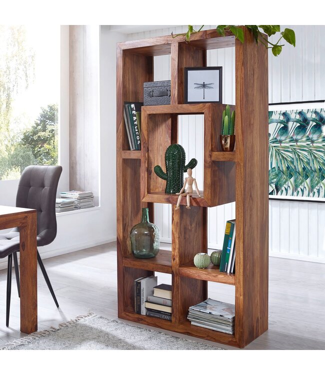 Wohnling massief houten boekenkast Sheesham 90 x 180 cm Living-shelf trays ontwerp landelijke stijl staan rekken