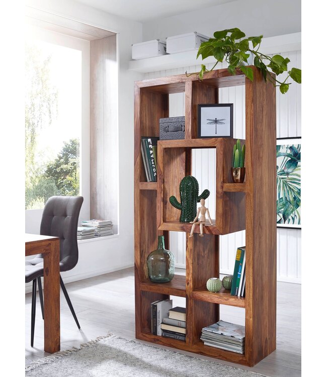 Wohnling massief houten boekenkast Sheesham 90 x 180 cm Living-shelf trays ontwerp landelijke stijl staan rekken