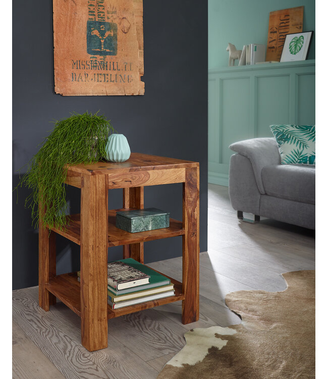 Wohnling vrijstaande plank MUMBAI massief houten sheesham 60 cm woonkamerplank met 2 opbergvakken design landelijke stijl bijzettafel