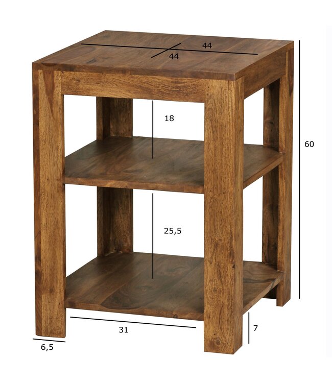 Wohnling vrijstaande plank MUMBAI massief houten sheesham 60 cm woonkamerplank met 2 opbergvakken design landelijke stijl bijzettafel