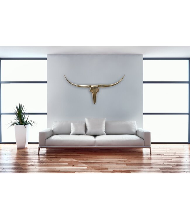Wohnling wanddecoratie gewei stier L 125 cm aluminium goudkleurig