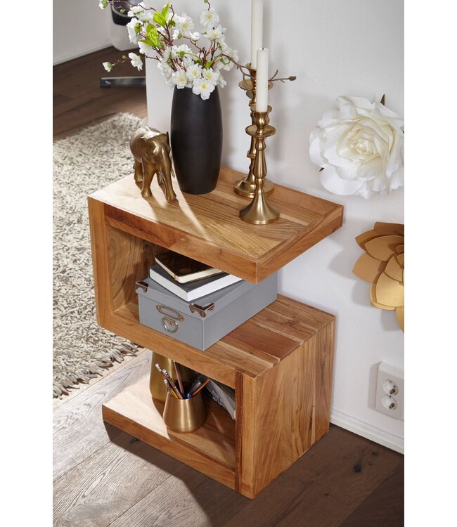 Wohnling bijzettafel MUMBAI massief houten acacia S Cube 60 cm hoge salontafel design bruine salontafel in landelijke stijl