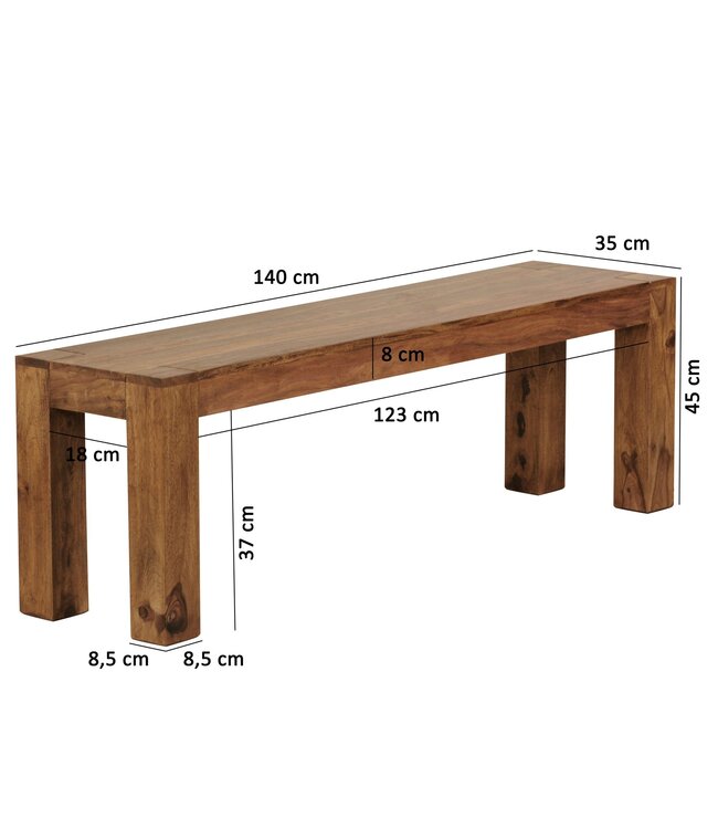 Wohnling eetkamerbank MUMBAI massief hout Sheesham 140 x 45 x 35 cm houten bank natuurproduct Keukenbank in landhuisstijl