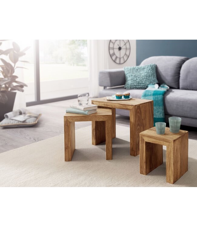 Wohnling set van 3 bijzettafels MUMBAI massief houten acacia woonkamertafel landelijke stijl bijzettafel donkerbruin natuurlijk hout