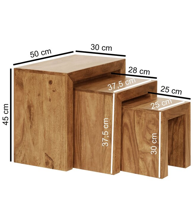 Wohnling set van 3 bijzettafels MUMBAI massief houten acacia woonkamertafel landelijke stijl bijzettafel donkerbruin natuurlijk hout