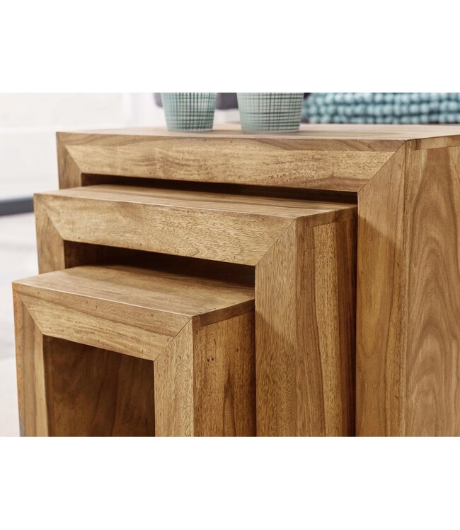 Wohnling set van 3 bijzettafels MUMBAI massief houten acacia woonkamertafel landelijke stijl bijzettafel donkerbruin natuurlijk hout