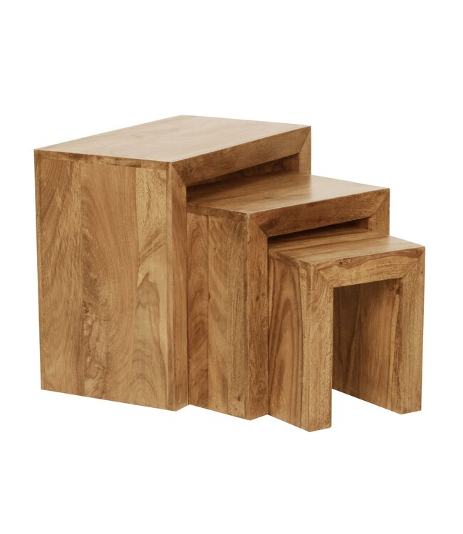 Wohnling set van 3 bijzettafels MUMBAI massief houten acacia woonkamertafel landelijke stijl bijzettafel donkerbruin natuurlijk hout