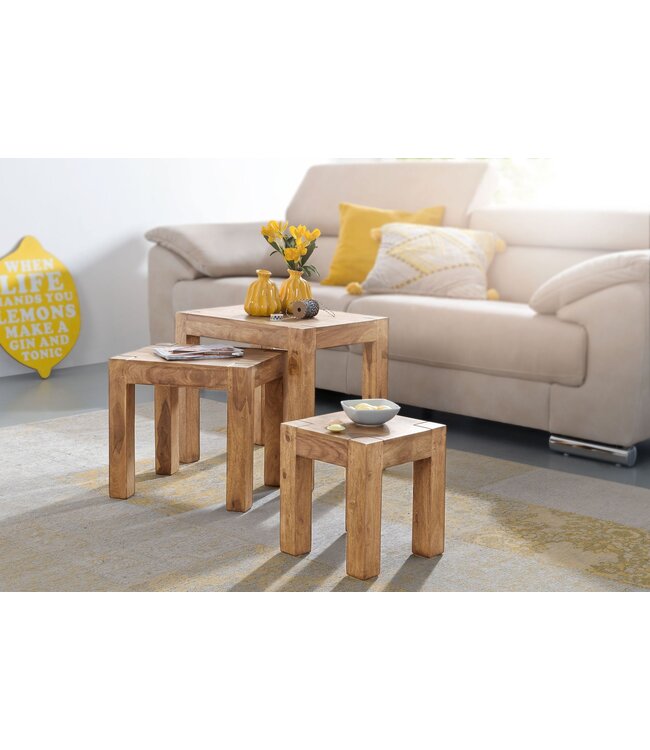 Wohnling set van 3 MUMBAI bijzettafels massief hout acacia woonkamertafel landelijke stijl bijzettafel donkerbruin natuurlijk hout