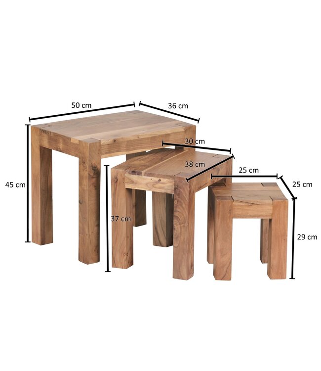 Wohnling set van 3 MUMBAI bijzettafels massief hout acacia woonkamertafel landelijke stijl bijzettafel donkerbruin natuurlijk hout