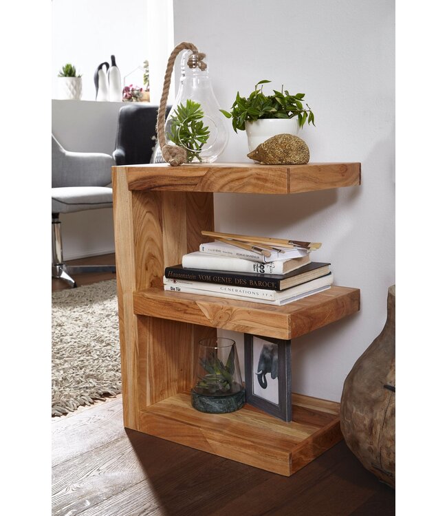 Wohnling bijzettafel MUMBAI massief houten acacia E Cube 60 cm hoge salontafel design bruine salontafel in landelijke stijl