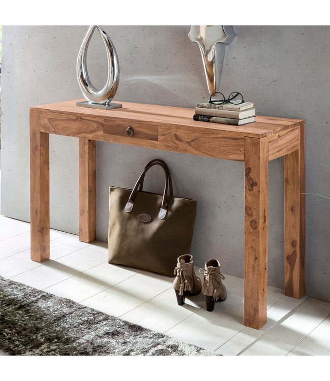 Wohnling Wandtafel Massief houten acacia console met 1 lade bureau 120 x 40 cm landelijke stijl dressoir