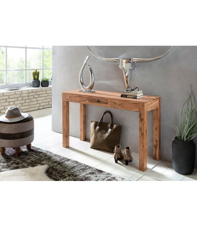 Wohnling Wandtafel Massief houten acacia console met 1 lade bureau 120 x 40 cm landelijke stijl dressoir