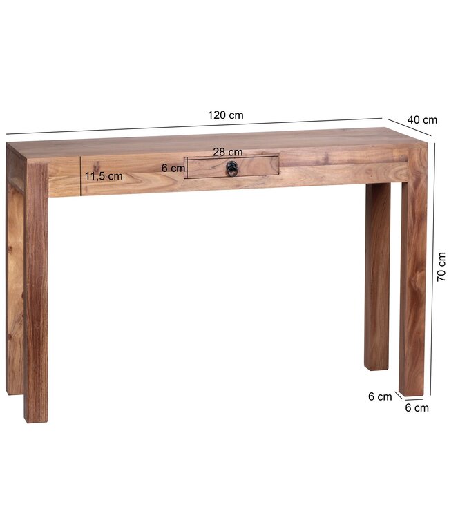 Wohnling Wandtafel Massief houten acacia console met 1 lade bureau 120 x 40 cm landelijke stijl dressoir
