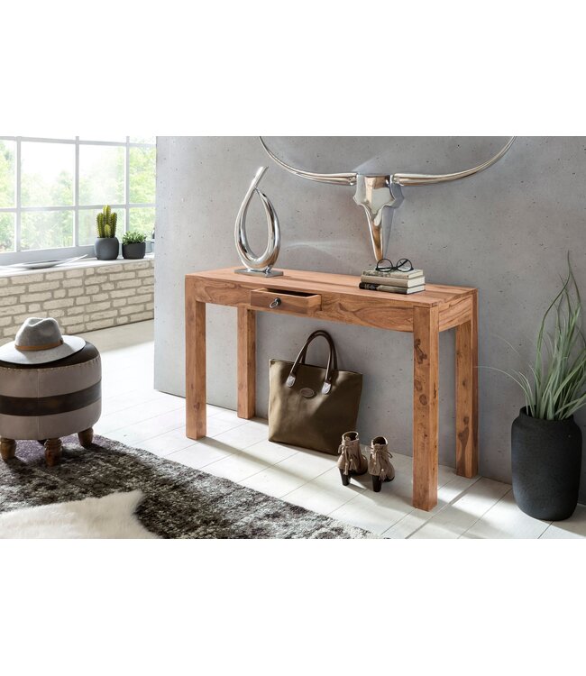 Wohnling Wandtafel Massief houten acacia console met 1 lade bureau 120 x 40 cm landelijke stijl dressoir