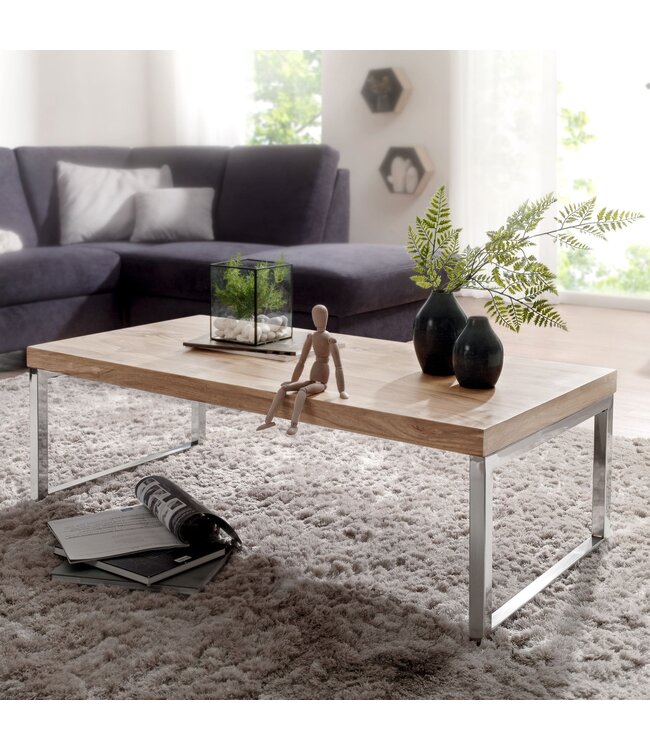 Wohnling massief houten salontafel Acacia 120 cm brede eettafel ontwerp donkerbruin landelijke stijl tafel