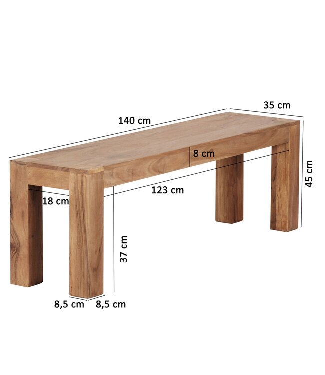 Wohnling eetkamerbank MUMBAI massief hout acacia 140 x 45 x 35 cm houten bank natuurproduct Keukenbank in landhuisstijl