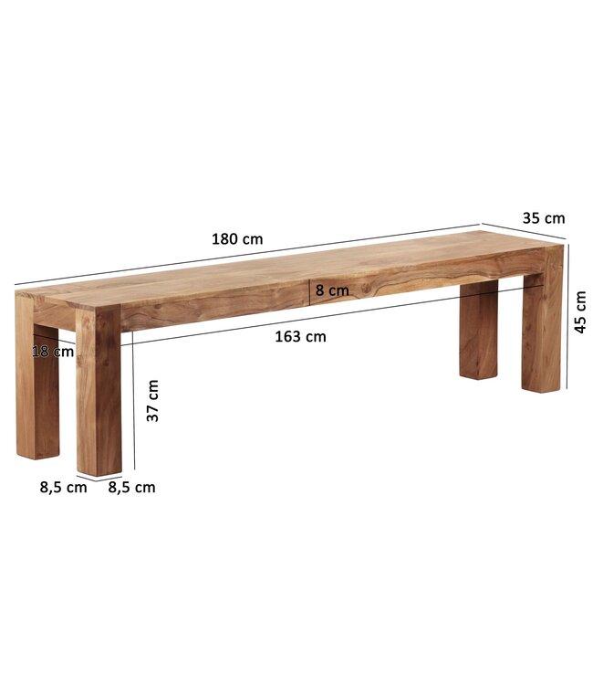 Wohnling zitbank Massief houten Acacia 180 x 45 x 35 cm houten bank natuurlijk product keuken bank in landelijke stijl