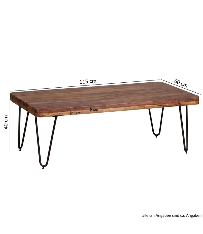 Wohnling salontafel BAGLI massief hout Sheesham 115 cm brede woonkamertafel design metalen poten landelijke stijl bijzettafel