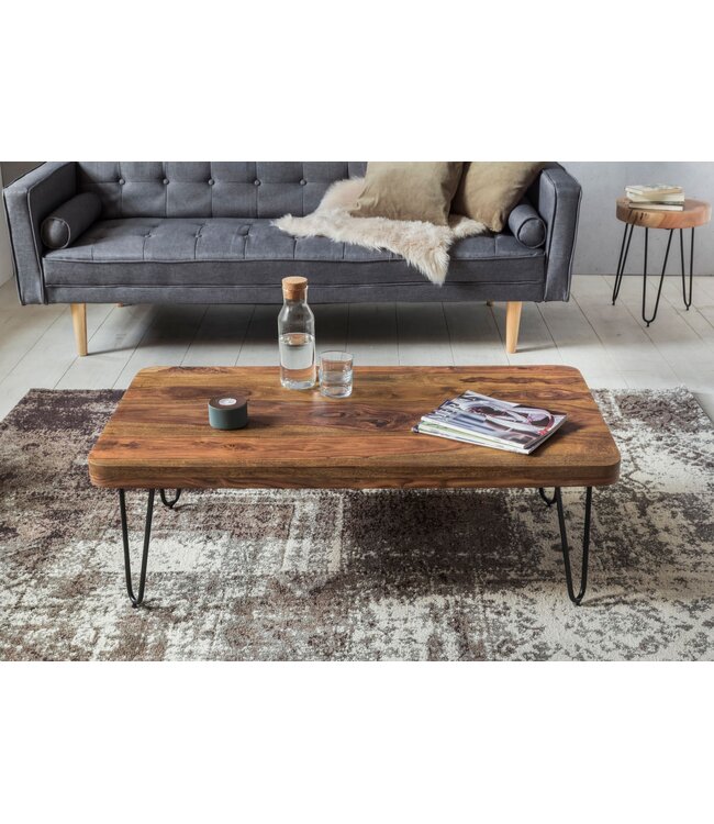 Wohnling salontafel BAGLI massief hout Sheesham 115 cm brede woonkamertafel design metalen poten landelijke stijl bijzettafel