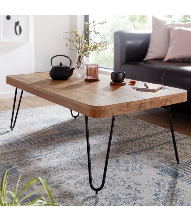 Wohnling salontafel BAGLI massief houten acacia 115 cm brede salontafel design metalen poten landelijke stijl bijzettafel