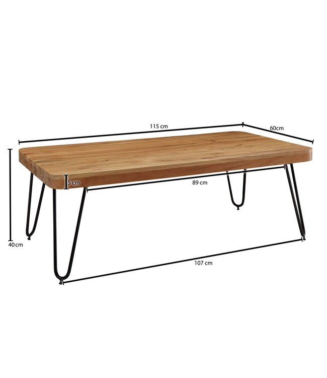 Wohnling salontafel BAGLI massief houten acacia 115 cm brede salontafel design metalen poten landelijke stijl bijzettafel