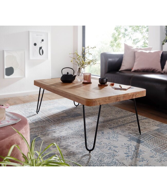 Wohnling salontafel BAGLI massief houten acacia 115 cm brede salontafel design metalen poten landelijke stijl bijzettafel
