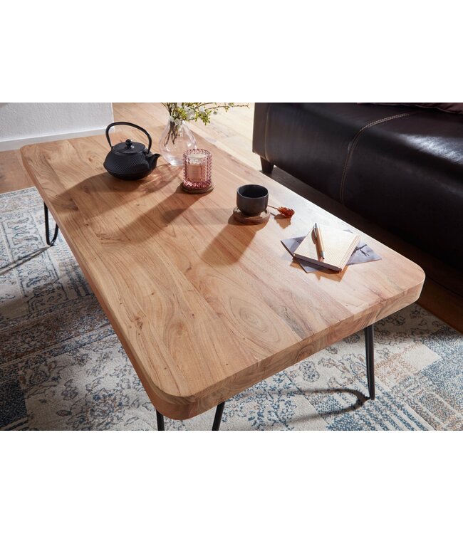 Wohnling salontafel BAGLI massief houten acacia 115 cm brede salontafel design metalen poten landelijke stijl bijzettafel
