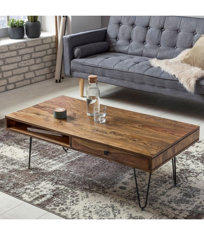 Wohnling Salontafel BAGLI Massief Hout Sheesham 110 cm breed Woonkamer Tafel Design Metalen Poten Landelijke Stijl Bijzettafel Lade