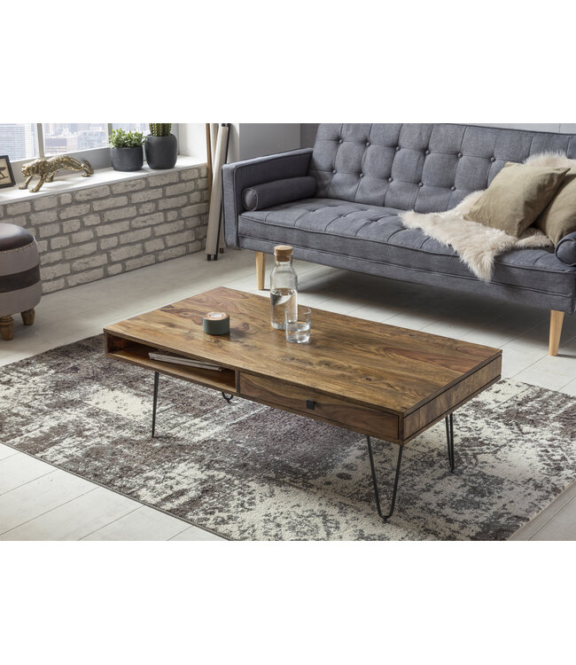 Wohnling Salontafel BAGLI Massief Hout Sheesham 110 cm breed Woonkamer Tafel Design Metalen Poten Landelijke Stijl Bijzettafel Lade