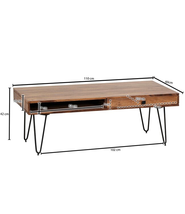 Wohnling Salontafel BAGLI Massief Hout Sheesham 110 cm breed Woonkamer Tafel Design Metalen Poten Landelijke Stijl Bijzettafel Lade