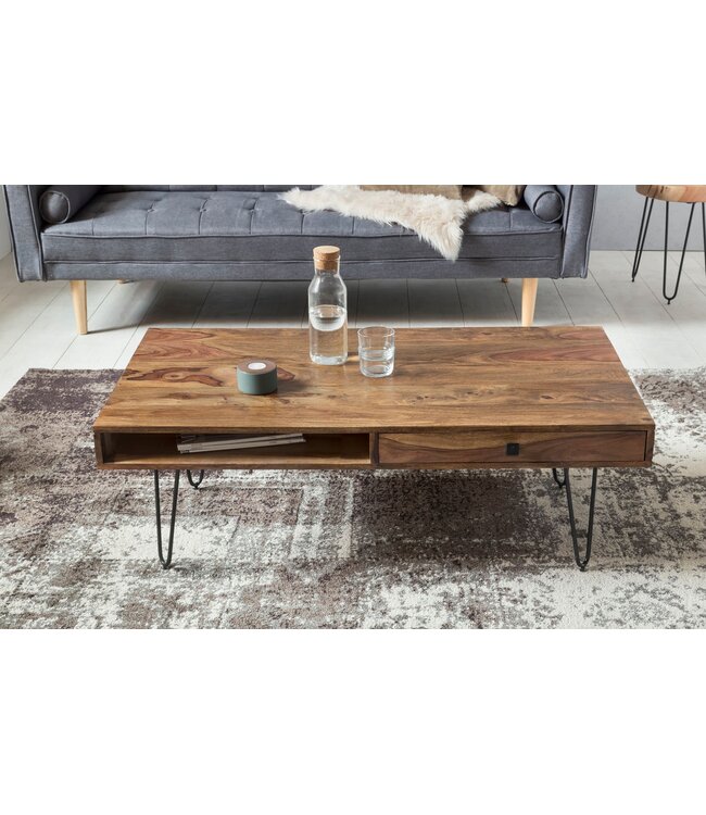 Wohnling Salontafel BAGLI Massief Hout Sheesham 110 cm breed Woonkamer Tafel Design Metalen Poten Landelijke Stijl Bijzettafel Lade