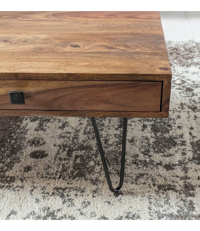 Wohnling Salontafel BAGLI Massief Hout Sheesham 110 cm breed Woonkamer Tafel Design Metalen Poten Landelijke Stijl Bijzettafel Lade