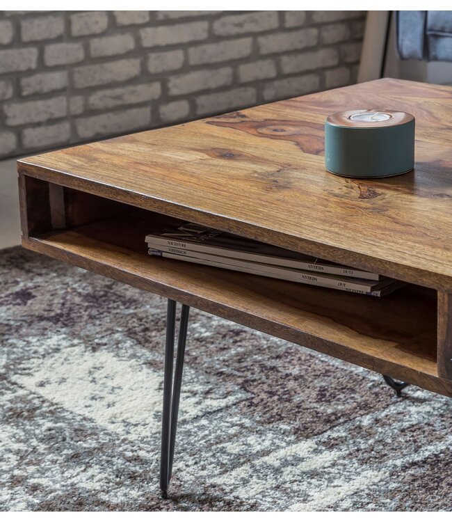 Wohnling Salontafel BAGLI Massief Hout Sheesham 110 cm breed Woonkamer Tafel Design Metalen Poten Landelijke Stijl Bijzettafel Lade