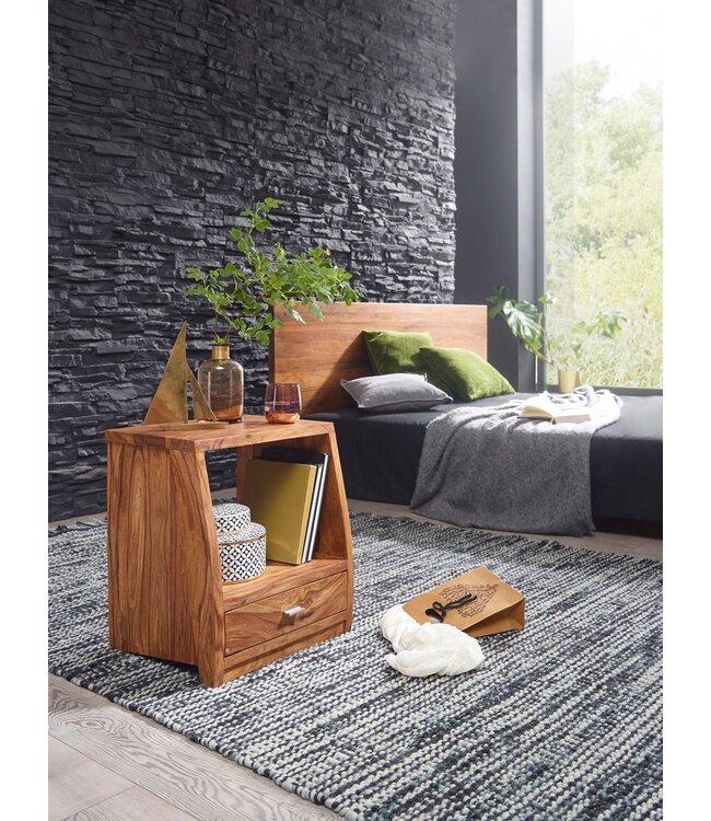 Wohnling nachtkastje MUMBAI massief houten sheesham nachtkastje 53 cm 1 ladeplank nachtkastje landelijke stijl echt hout