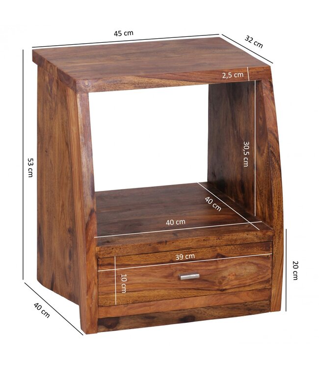 Wohnling nachtkastje MUMBAI massief houten sheesham nachtkastje 53 cm 1 ladeplank nachtkastje landelijke stijl echt hout