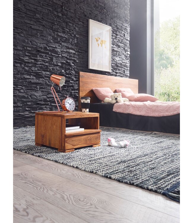 Wohnling nachtkastje MUMBAI massief houten sheesham nachtkastje 30 cm 1 ladeplank nachtkastje landelijke stijl echt hout