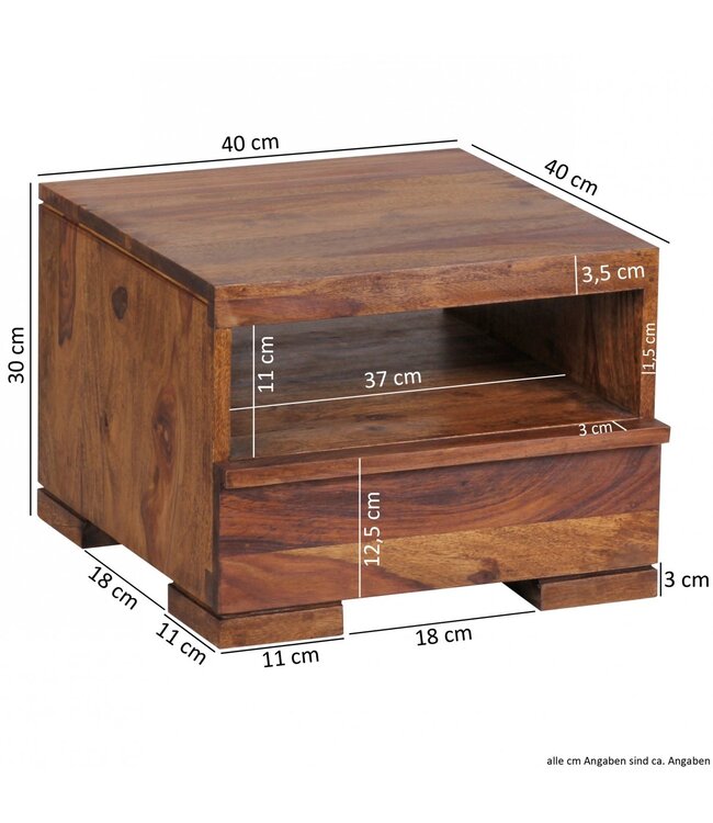 Wohnling nachtkastje MUMBAI massief houten sheesham nachtkastje 30 cm 1 ladeplank nachtkastje landelijke stijl echt hout