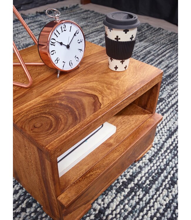 Wohnling nachtkastje MUMBAI massief houten sheesham nachtkastje 30 cm 1 ladeplank nachtkastje landelijke stijl echt hout