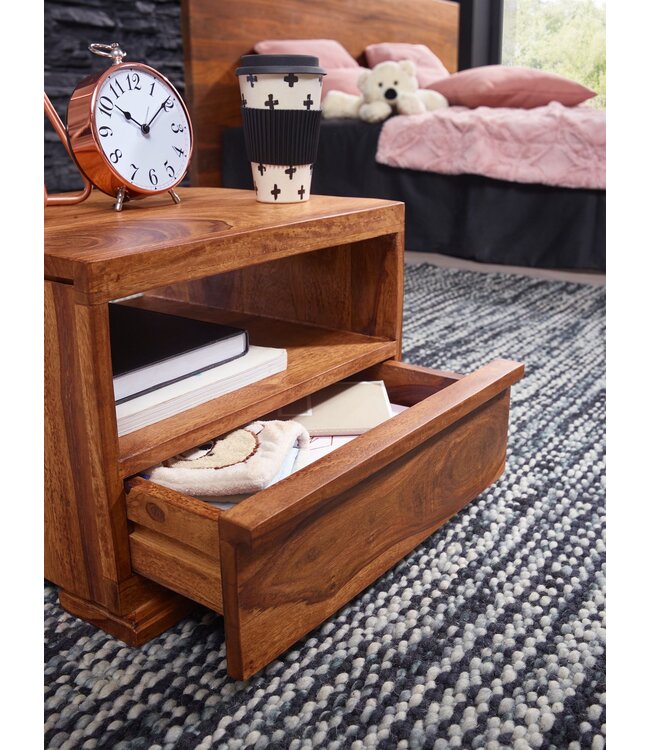 Wohnling nachtkastje MUMBAI massief houten sheesham nachtkastje 30 cm 1 ladeplank nachtkastje landelijke stijl echt hout