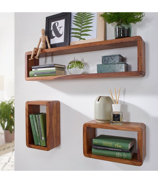 Wohnling design wandplank set van 3 BOHA massief houten planken sheesham landelijke stijl | Rustieke wandplankenset hout | Hangplank vierkant echt hout | Wandplanken | Hangende dobbelstenen | Plankwanddozen vierkant