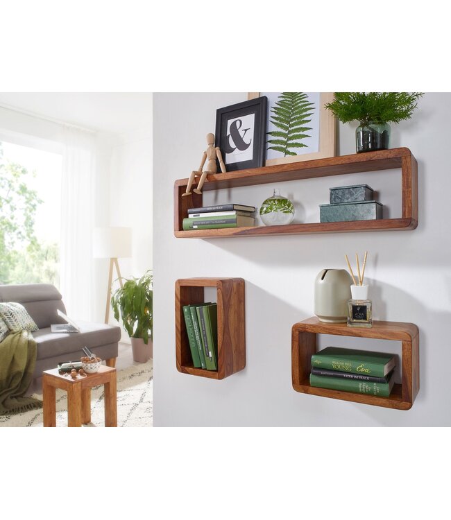 Wohnling design wandplank set van 3 BOHA massief houten planken sheesham landelijke stijl | Rustieke wandplankenset hout | Hangplank vierkant echt hout | Wandplanken | Hangende dobbelstenen | Plankwanddozen vierkant