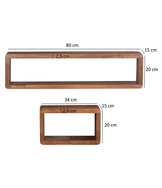 Wohnling design wandplank set van 3 BOHA massief houten planken sheesham landelijke stijl | Rustieke wandplankenset hout | Hangplank vierkant echt hout | Wandplanken | Hangende dobbelstenen | Plankwanddozen vierkant