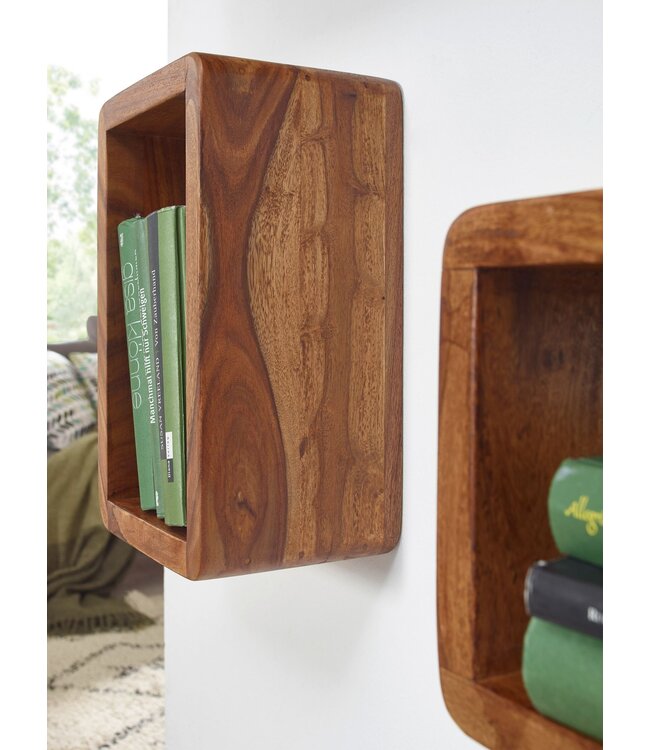 Wohnling design wandplank set van 3 BOHA massief houten planken sheesham landelijke stijl | Rustieke wandplankenset hout | Hangplank vierkant echt hout | Wandplanken | Hangende dobbelstenen | Plankwanddozen vierkant