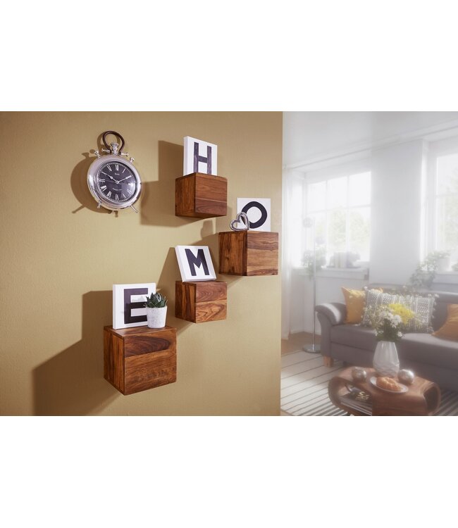 Wohnling set van 4 wandplanken MUMBAI massief houten sheesham houten plank landelijke stijl hangende plank 25cm en 20cm echt houten wandbord
