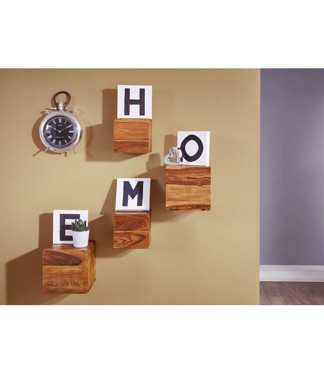 Wohnling set van 4 wandplanken MUMBAI massief houten sheesham houten plank landelijke stijl hangende plank 25cm en 20cm echt houten wandbord